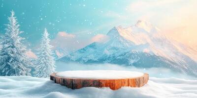 Wooden Platform Covered in Snow with Snowy Mountains in Background photo