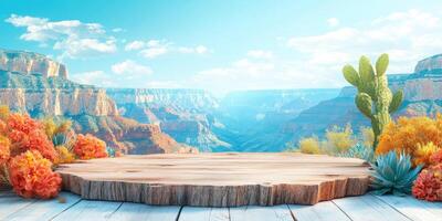 Wooden Platform with Desert Landscape and Cactus Background photo
