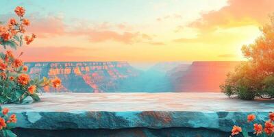 Stone Platform Overlooking Grand Canyon at Sunset with Flowers photo