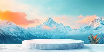 Circular Marble Podium Against Snowy Mountain Range with Sunset Sky photo