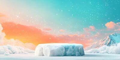A Frozen Ice Shelf Platform with Snowy Mountains and a Pastel Sky photo