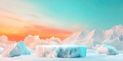 Ice Platform with Snowy Mountains and a Pink and Blue Sky photo