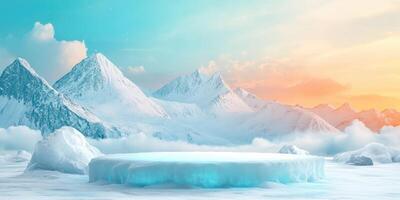 Snowy Mountain Range with Glowing Ice Shelf photo