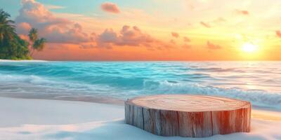 Wooden Log on Sandy Beach at Sunset with Ocean Waves photo