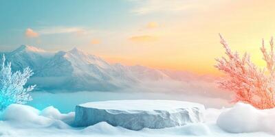Snowy Mountain Landscape with Stone Platform and Frozen Trees photo