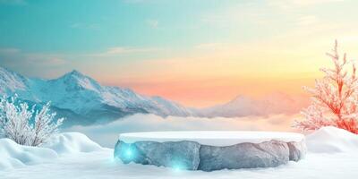 Snowy Mountaintop Rock Platform with a Dramatic Sunset photo