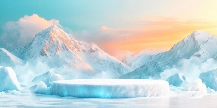 Snowy Mountain Landscape with Circular Ice Platform photo