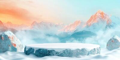 Snowy Mountain Landscape with a White Platform photo