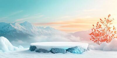 Snowy Mountain Landscape with Icy Rock Platform and Red Leaves photo