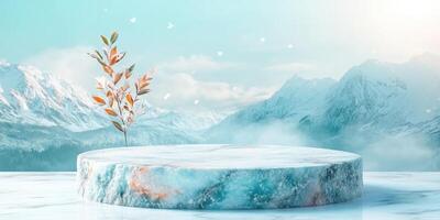 Frozen Marble Podium with Snowy Mountains and a Branch photo