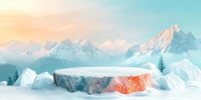 Snowy Mountain Peak with Stone Platform and Trees photo