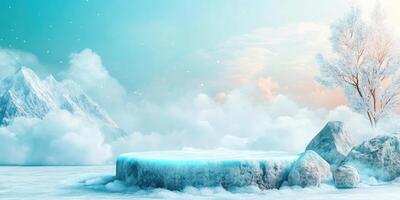 Frozen Ice Platform with Snowy Mountains and a Tree photo