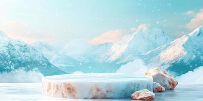 Snowy Mountains with a Frozen Ice Platform and Rocks photo
