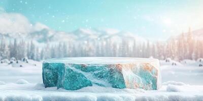Frozen Ice Platform in Snowy Mountain Landscape photo
