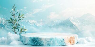 A Marble Platform Surrounded by Snow with a Snowy Mountain Range in the Background photo