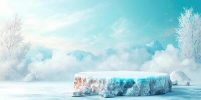 Snowy Mountain Range with Ice Shelf and Blue Sky photo