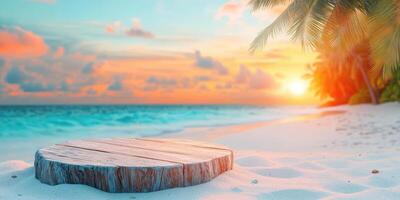 Wooden Platform on Sandy Beach at Sunset with Palm Tree photo