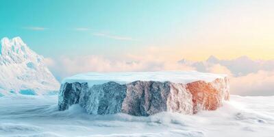 Snowy Mountaintop with Rock Platform and a Hazy Sky photo