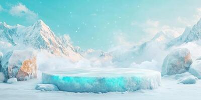 Frozen Ice Platform in Snowy Mountain Landscape photo
