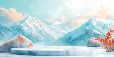 Marble Platform with Snow-Covered Mountains and Autumn Leaves photo