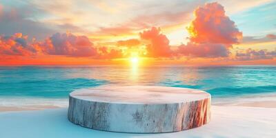 Wooden Platform on Sandy Beach with Ocean and Sunset Sky photo