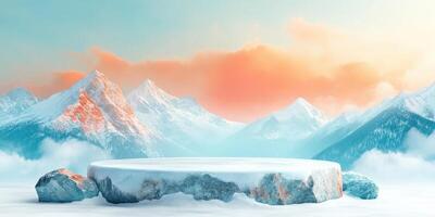 Snowy Mountain Range with a Stone Platform for Product Display photo