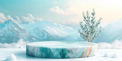 Snowy Mountain Range with Marble Podium and Green Shrub photo