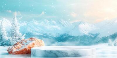 Snowy Mountain Range with Marble Podium and Rock photo