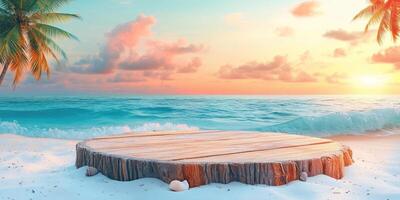 Wooden Platform on a Sandy Beach at Sunset with Palm Trees and Ocean Waves photo