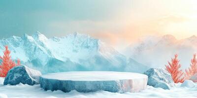 Snowy Mountain Range with Ice Platform and Coral Trees photo