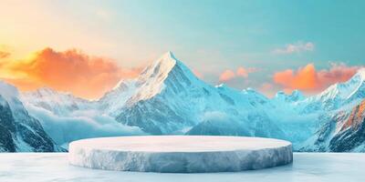 Snowy Mountain Range with Ice Platform and a Sunset Sky photo