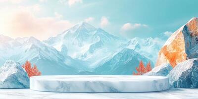 Marble Podium in Front of Snowy Mountains photo