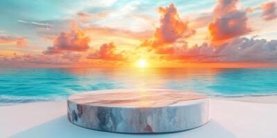 Circular Wooden Platform with Tropical Sunset Background photo