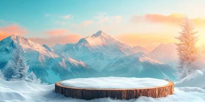 Snowy Mountain Landscape with Wooden Platform photo