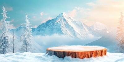 Wooden Stump in a Snowy Mountain Landscape photo