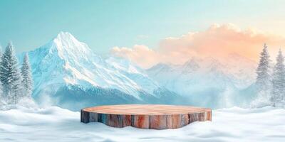 Wooden Platform in a Snowy Mountain Landscape photo