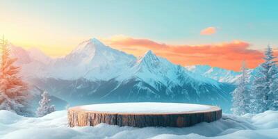 Wooden Platform in a Snowy Mountain Landscape at Sunset photo