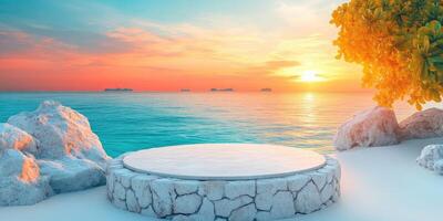 Stone Platform on a Beach with Sunset and Ocean View photo