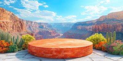 Brick Platform Overlooking a Canyon with Blue Sky and Clouds photo