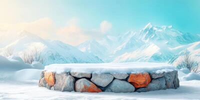 Snowy Mountain Landscape with Stone Platform photo