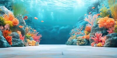 Underwater Scene with Coral Reefs, Rocks, and Fish photo