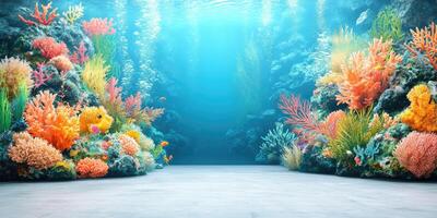 Colorful Coral Reef with a White Platform in Front photo