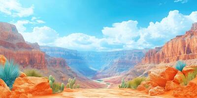 A View From the Edge of a Canyon With Blue Skies and Lush Green Plants photo
