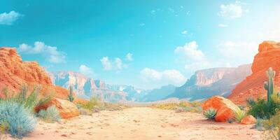 Desert Valley with Red Rock Cliffs and Lush Vegetation photo