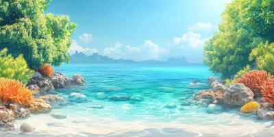 Tropical Beach with Clear Water and Lush Greenery photo