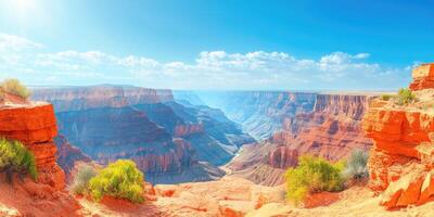 A Panoramic View of the Grand Canyon with Lush Greenery Growing on the Edge of a Steep Cliff photo