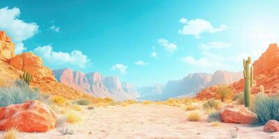 Arid Desert Landscape with Red Rock Formations and Cactus Plants photo