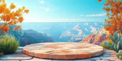 Stone Platform Overlooking the Grand Canyon with Autumn Trees and Cactus photo