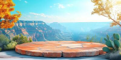 Stone Platform Overlooking Grand Canyon with Cactus and Autumn Trees photo