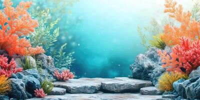 Underwater Scene with Coral Reefs, Rocks, and a Stone Platform photo